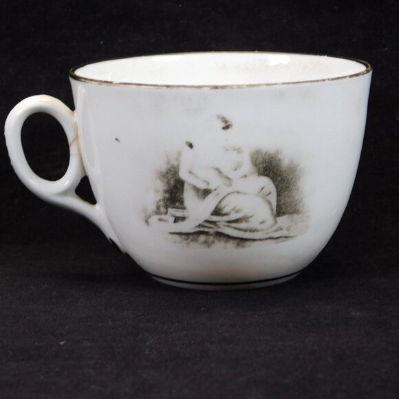 English Regency Mother Daughter Antique China Black White Coffee Cup Victorian - Picture 3 of 8